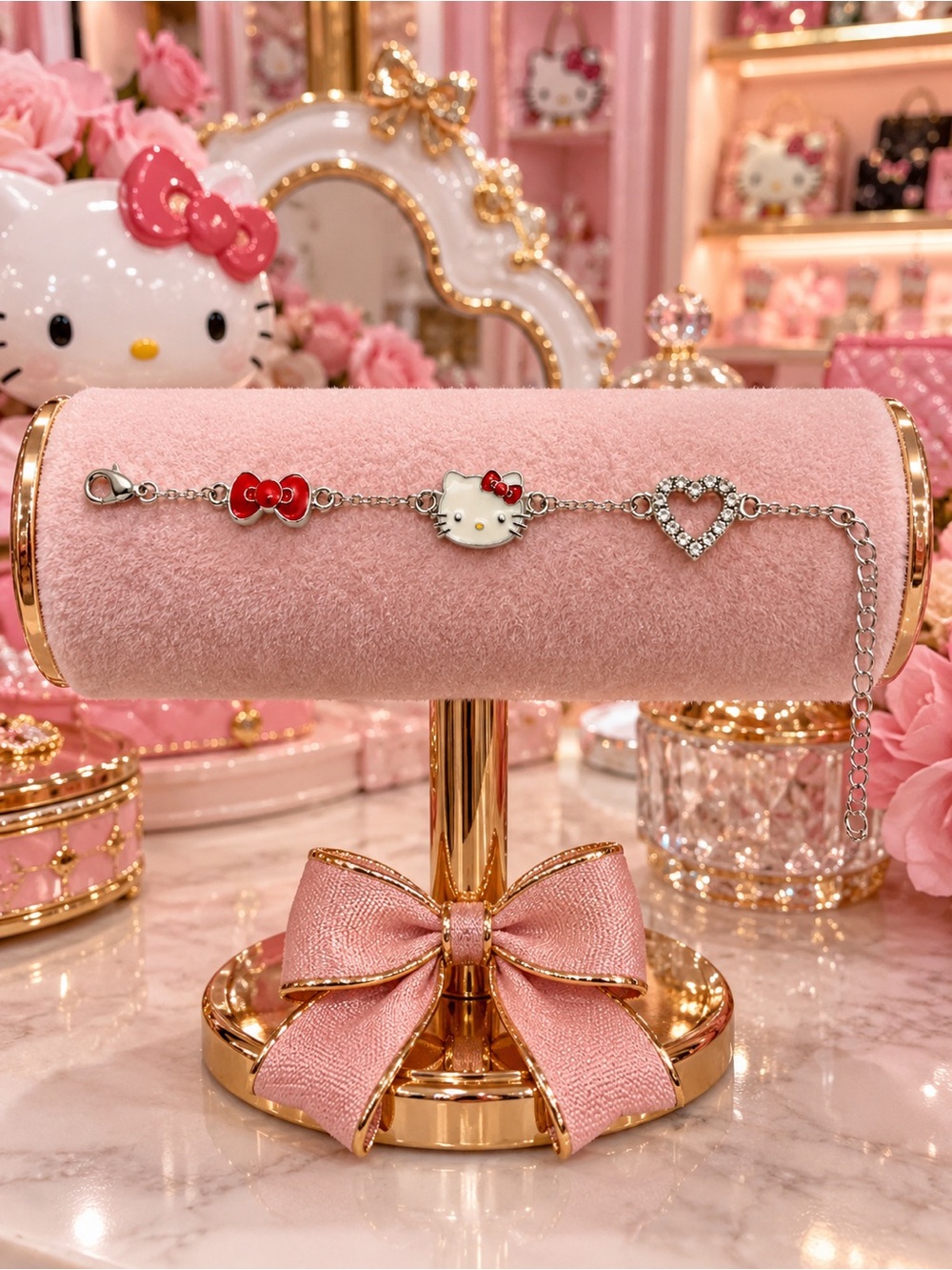 Hello Kitty Silver Tone Charm Bracelet Red Bow Rhinestone Heart and lacquer face